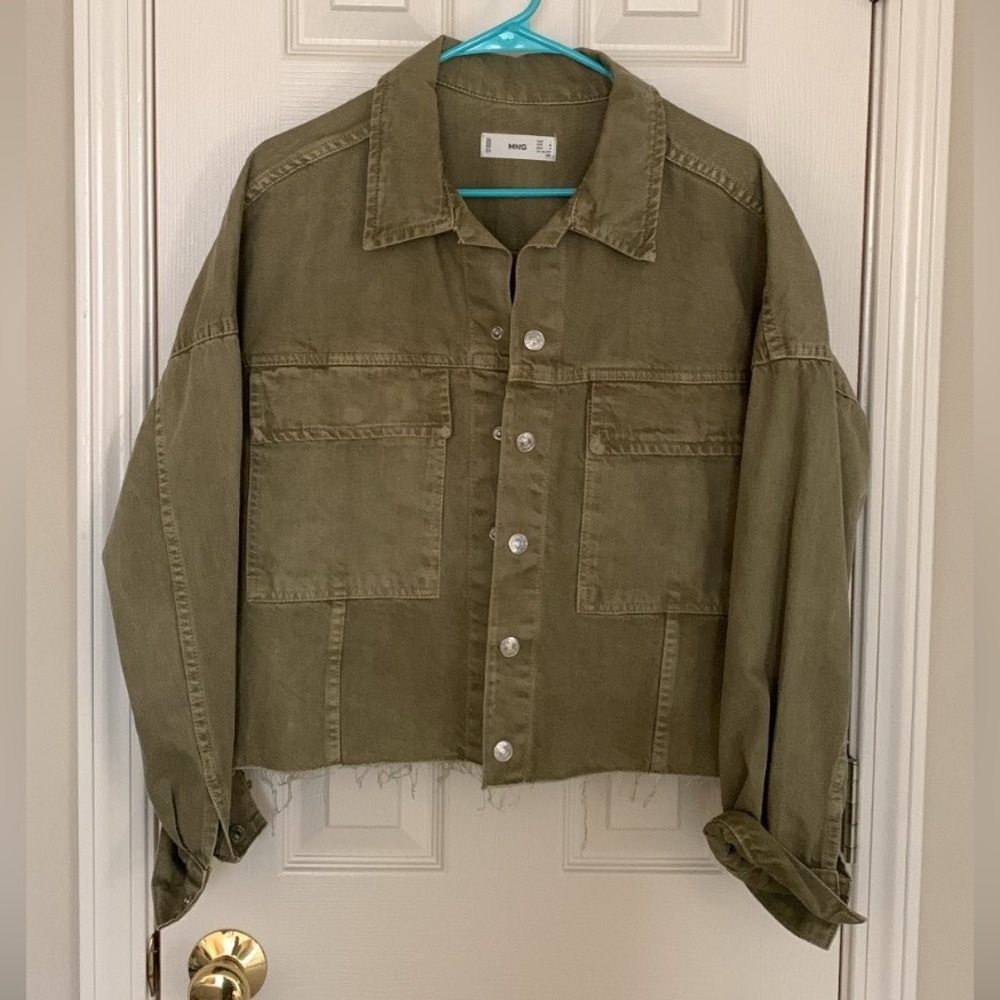 Olive green cropped denim jacket